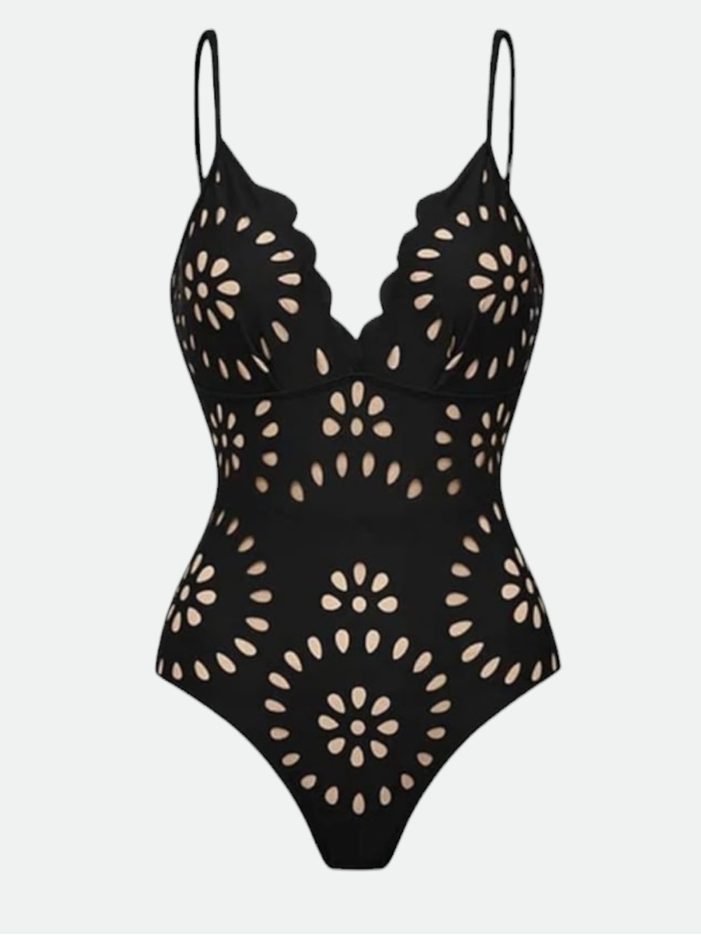 Black Laser-Cut One-Piece Swimsuit with Nude Lining Scallop V Neck Size XL